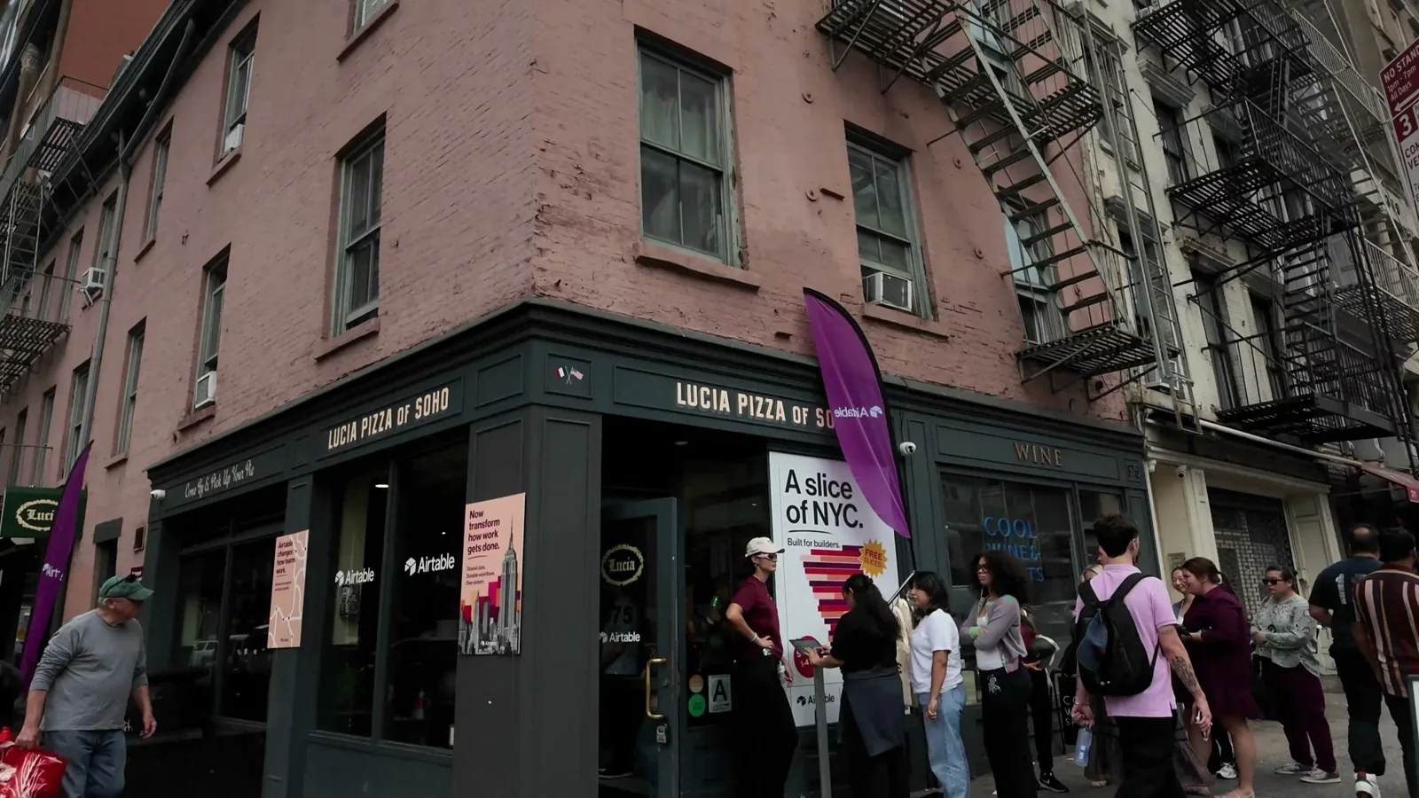Airtable’s A Slice of New York campaign outside Lucia Pizza of SoHo, from the campaign film.