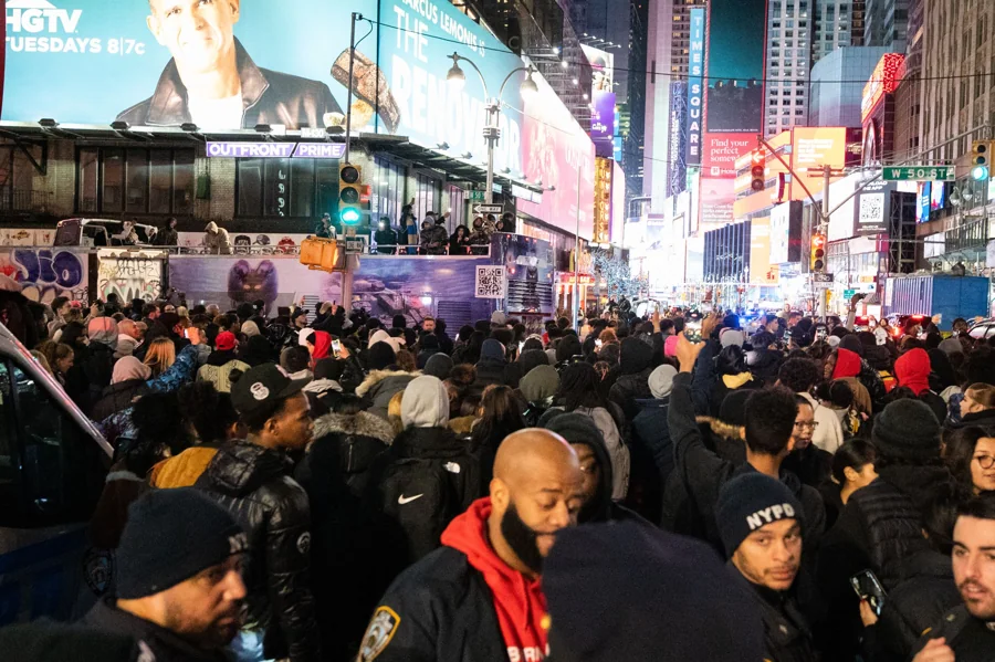 The mobile album experience surrounded by fans in Times Square.