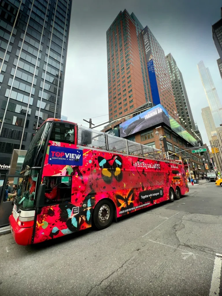 The Equals double-decker brings Ed Sheeran’s album identity onto New York’s streets.