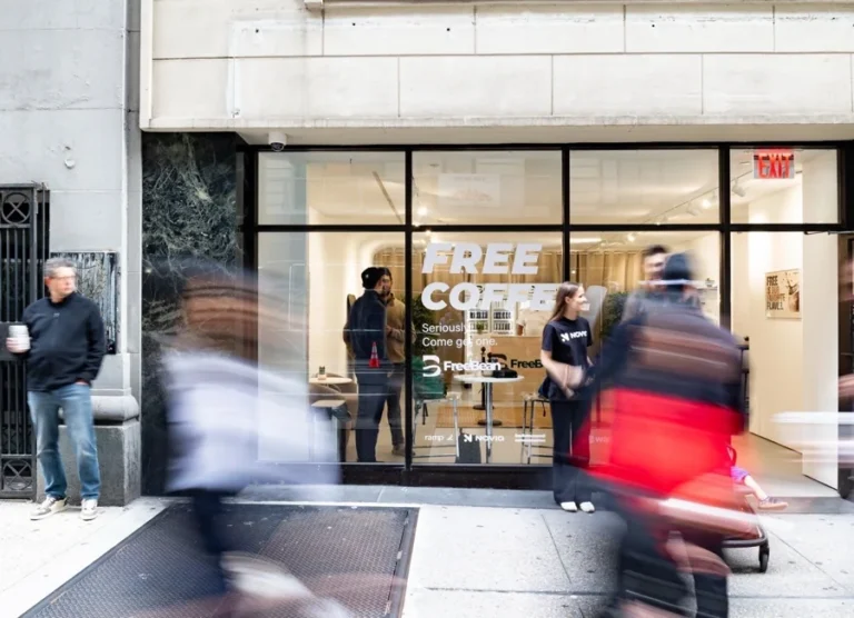 A free-coffee invitation at 15 East 40th Street, Midtown Manhattan.