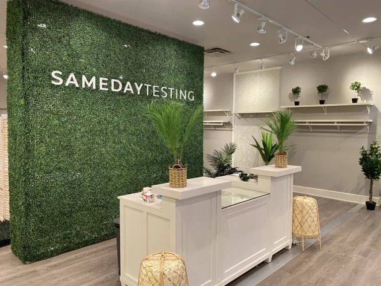 Sameday Testing · Branded clinic reception.