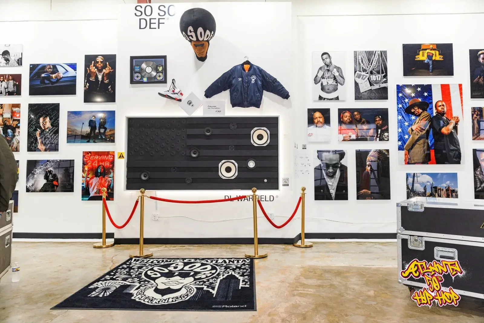 So So Def memorabilia, artist photographs and a sculptural cassette display inside the Atlanta Hip-Hop 50 exhibition.