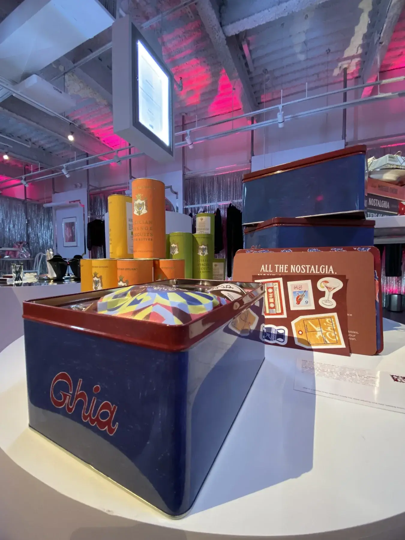 Food and gifting products on a market display.