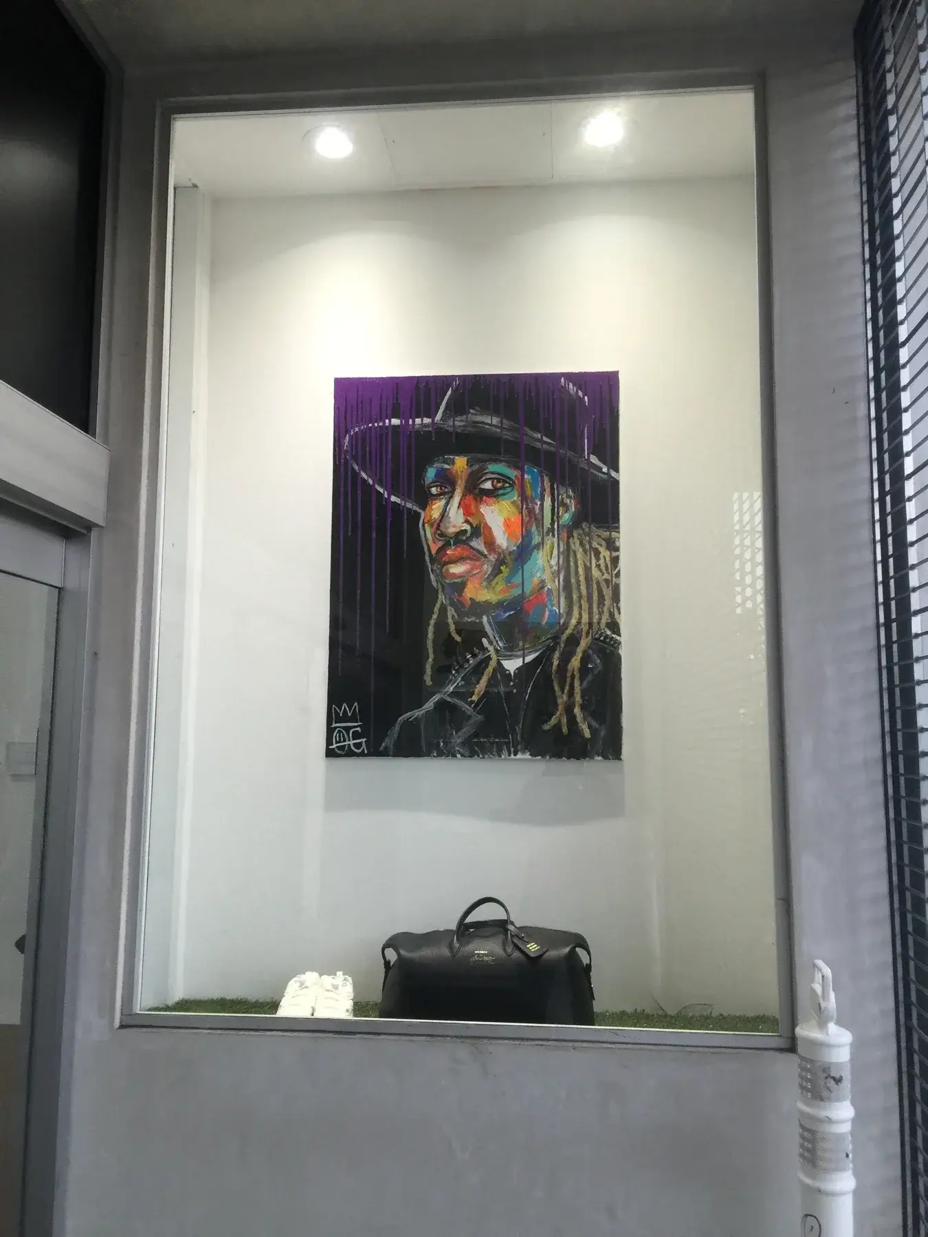 Art and objects in the storefront display · FutureHive Los Angeles.