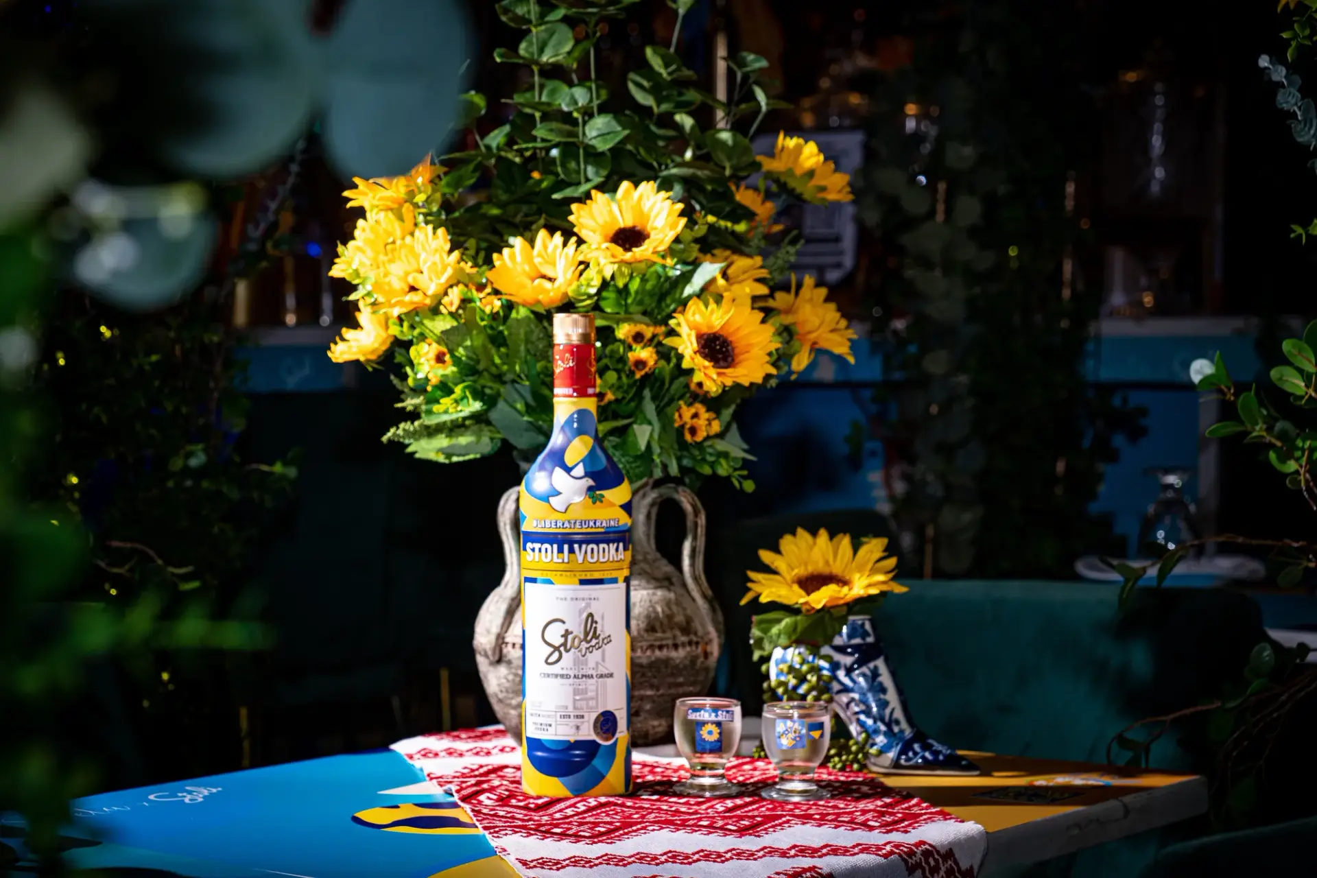 The limited-edition Ukraine bottle within the finished table presentation.