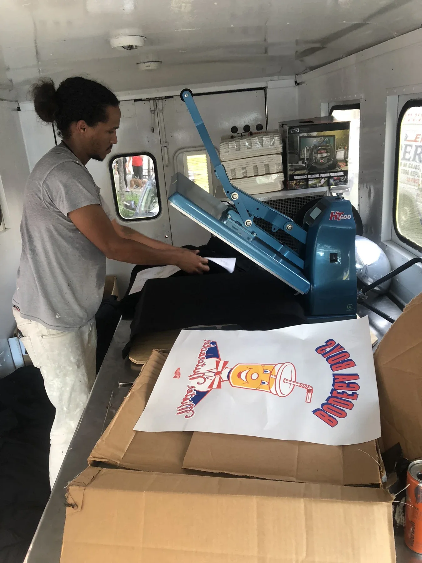 The onboard apparel-printing station.