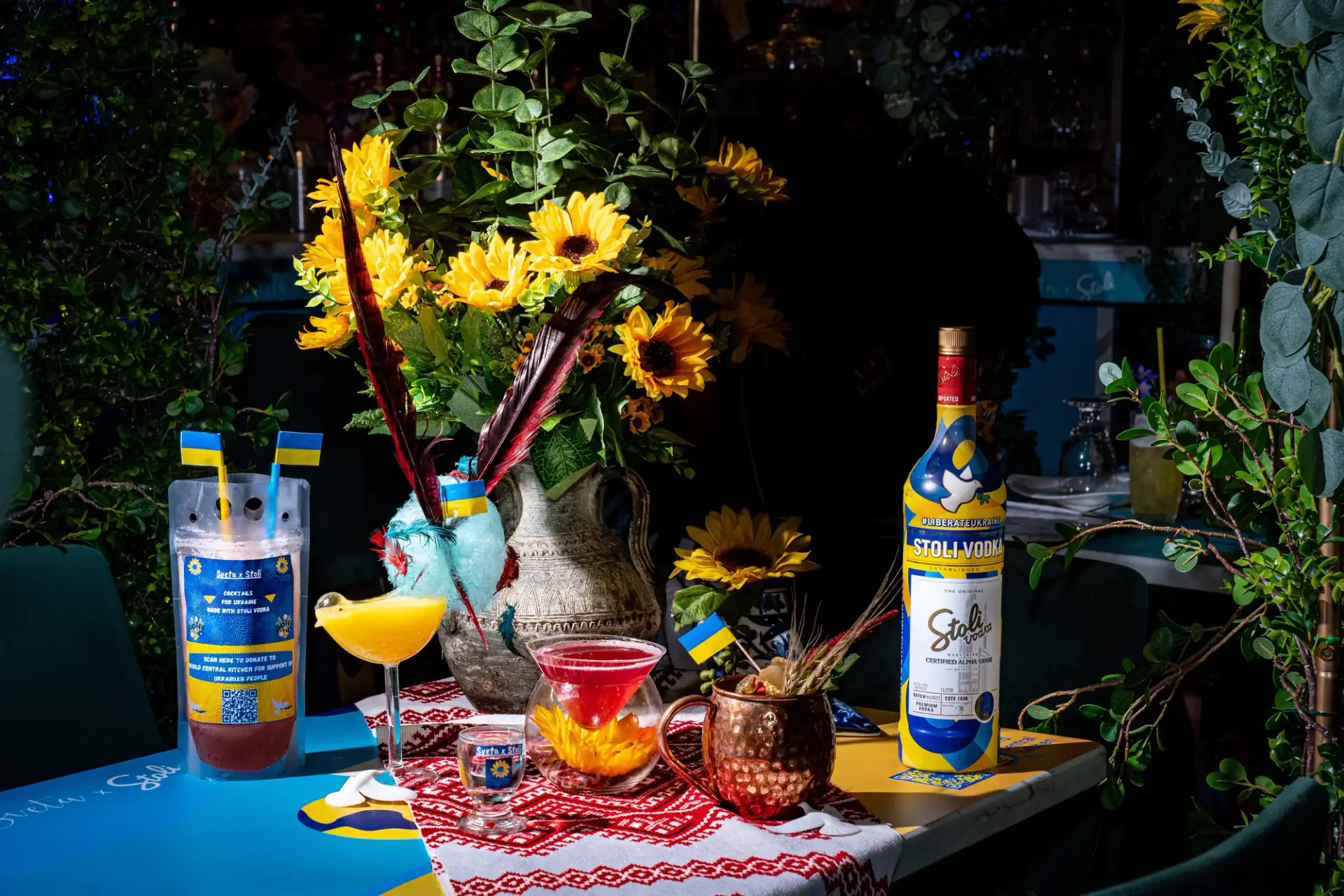 The cocktail selection alongside the limited-edition Ukraine bottle.