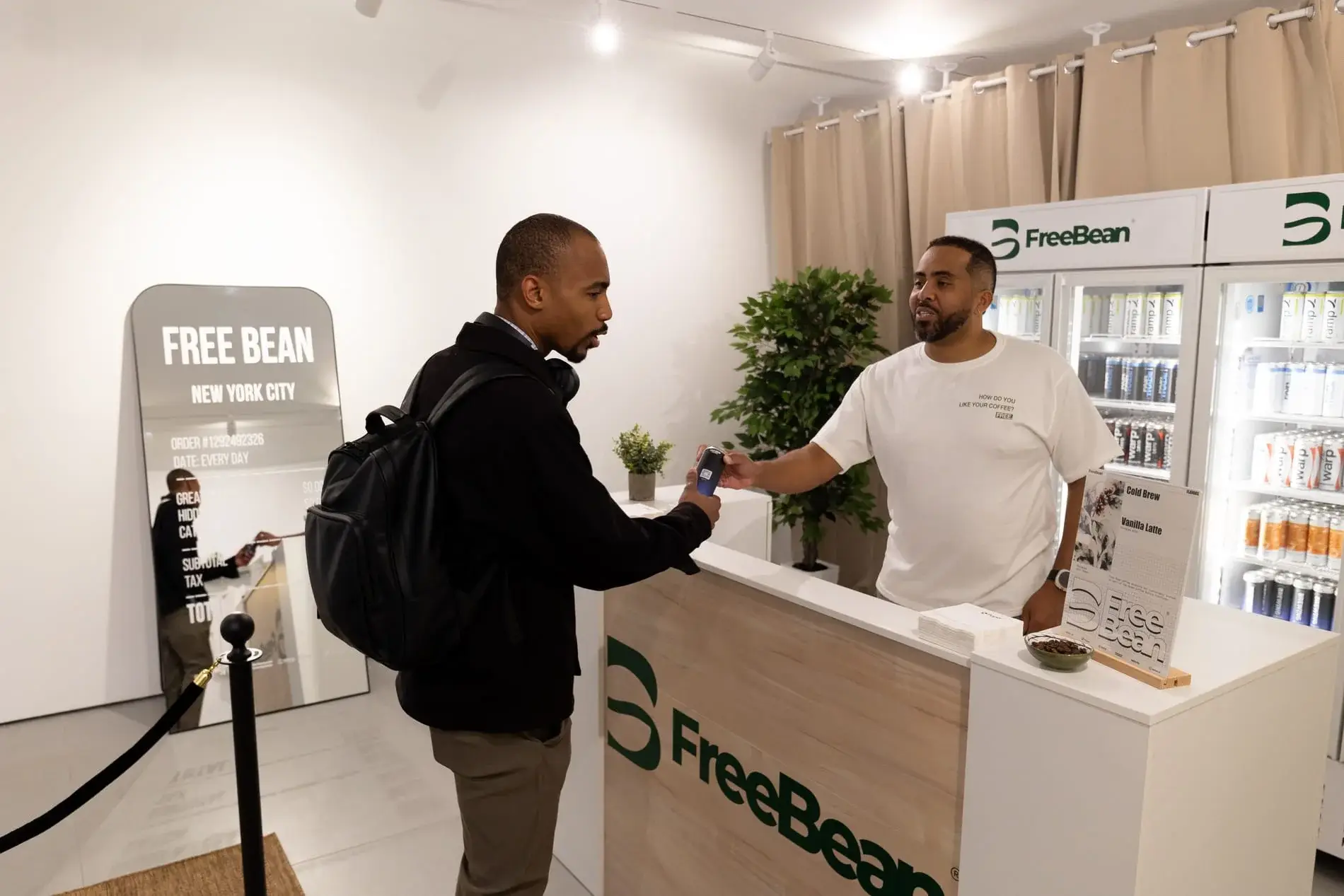 A FreeBean can handed to a guest at the counter.